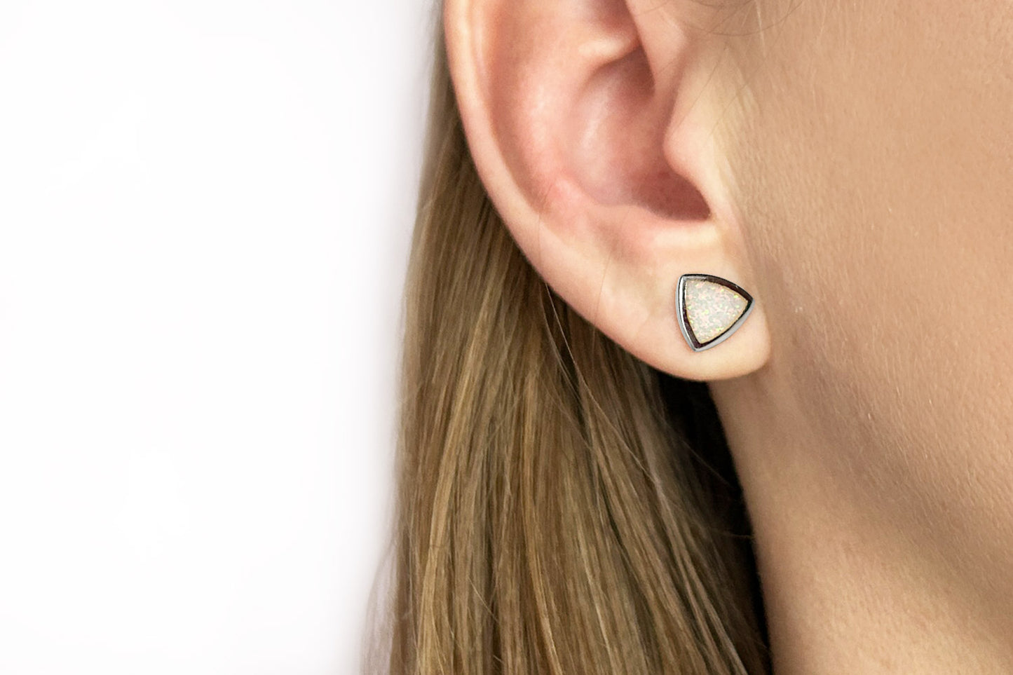 Opal stone sterling silver triangle stud earrings